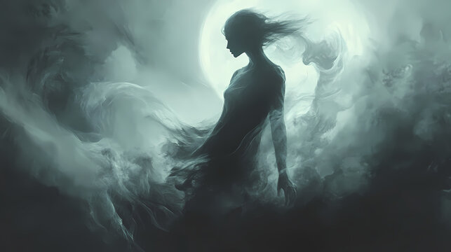 Ethereal female apparition translucent form swirling mist moonlit backdrop haunting beauty otherworldly presence ghostly encounter. ghostly apparition. illustration. Haunting - Ruins. Illustration
