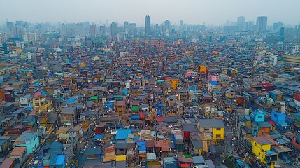 Aerial view Dense urban slum, cityscape backdrop, Asia, poverty depiction