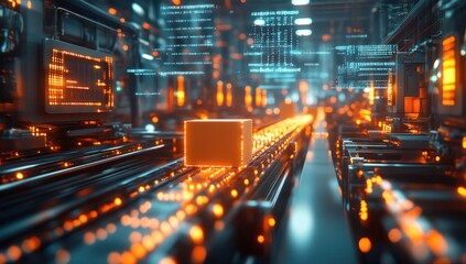 Fototapeta premium abstract luminous cube amidst complex machine architecture symbolizing future technology trends and data transmission