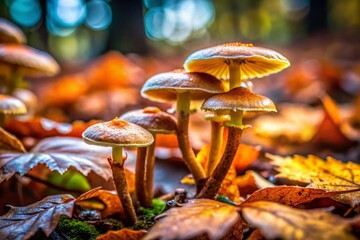 Atlantic Rainforest Fungi: Detailed Close-up of Colorful Fungus Growing on Dry Leaves