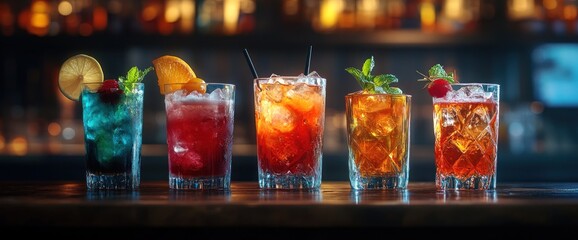 vibrant array of handcrafted cocktails showcasing colorful spirits and delightful garnishes on bar top