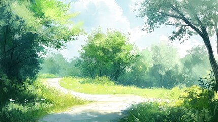 landscape painting depicting a peaceful walk through a scenic outdoor setting, featuring lush greenery and clear skies