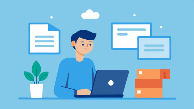 Return Management A professional managing returns looking at a return request on a laptop while organizing returned items in the background.