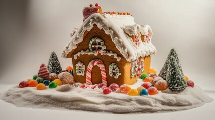 whimsical gingerbread house, decorated with snowy icing and holiday-themed candy for a festive winter look