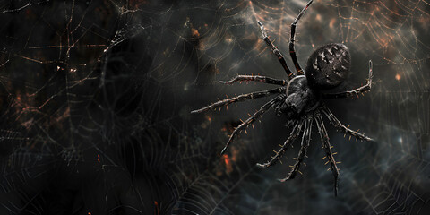 Dark and eerie spider on a web in a moody atmosphere | Creepy black spider in a mysterious and shadowy setting