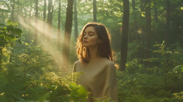 自然の中で目を閉じて立っている女性