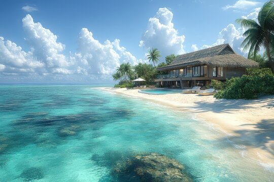 Escape to paradise in a luxurious overwater bungalow on a secluded tropical island. Discover serenity with a boat, umbrella, and chair in this picture-perfect
