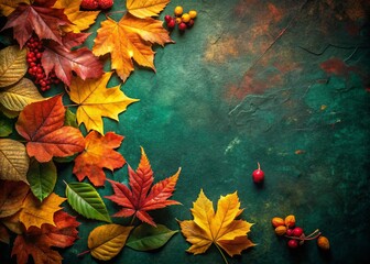Autumn Leaves Top View: Vibrant Orange, Red & Yellow Foliage on Dark Green Background