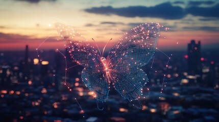 Obraz premium digital butterfly emerges over a blurred cityscape during twilight offering symbolic transformation