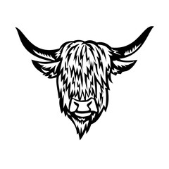 Retro woodcut style illustration of head of a long haired Highland bull cow, a rustic cattle in the Scottish Highlands with long horn and shaggy coat viewed from front done in black and white.
