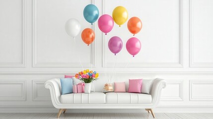 birthday table adorned with vibrant balloons and stylish furniture, evoking a festive and cheerful atmosphere