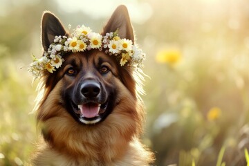 Vacation time happiness. Sunny daylight. Cute baby dog german shepherd wearing free flower circlet...