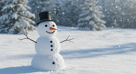 Fototapeta premium Classic Snowman with Black Hat and Carrot Nose in Snowy Landscape