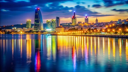 Fototapeta premium Baku Azerbaijan Coastline Cityscape Night Bokeh Lights Stunning View