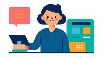 Payment Processing A spet using a payment processing device interpreting the transactions on a screen with a satisfied expression.