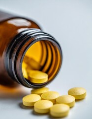 Yellow Pills and Bottle Isolated on a White Background