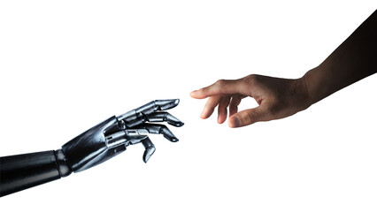 互いに手を伸ばし触れ合おうとする、ロボットと人間