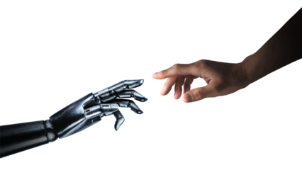 互いに手を伸ばし触れ合おうとする、ロボットと人間