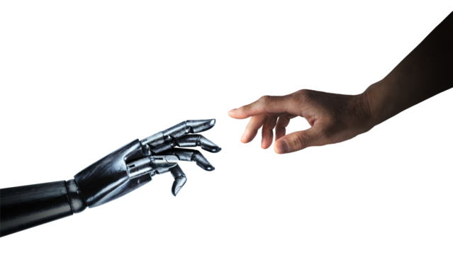 互いに手を伸ばし触れ合おうとする、ロボットと人間