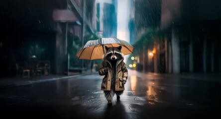 A raccoon wearing a coat and holding an umbrella strolls through a city street during a rain shower. The scene is dark and moody, depicting a solitary figure in an urban setting.