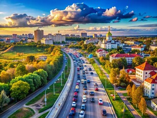 Fototapeta premium Belgorod, Russia: Busy City Traffic & Scenic Panorama at Belgorod Oblast Border