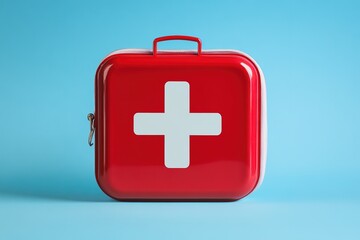Obraz premium Compact red first aid kit with white cross symbol. Minimalist pop art style. Emergency health supplies. Essential for urgent medical care. Modern design. Lifesaving tools 32k Resolution