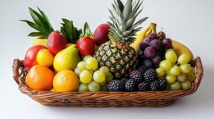 fruit basket with a pineapple and various other fresh fruits, emphasizing the fresh and tropical nature of plant-based food