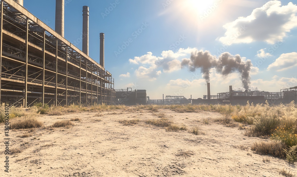 Poster large industrial factory with smokestacks captured in high-quality imagery.