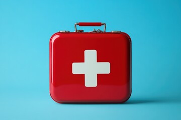 Obraz premium Compact red first aid kit with white cross symbol. Minimalist pop art style. Emergency health supplies. Essential for urgent medical care. Modern design. Lifesaving tools 32k Resolution