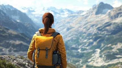 Hiking woman with yellow down jacket