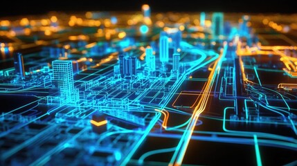 Futuristic cybernetic city blueprint with glowing lines and structures