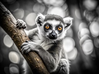 Obraz premium Black and White Lemur Hanging on Tree Branch - Documentary Style Wildlife Photo