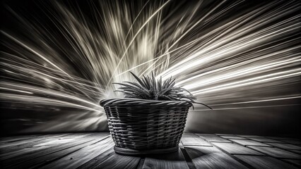Black and White Plant Basket Silhouette, Rustic Texture, Long Exposure Photography