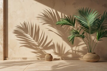 Obraz premium Luxury Summer Interior Aesthetic with Minimalist Product Placement and Palm Shadow on Beige Plaster Wall