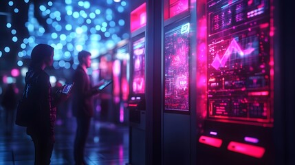 Naklejka premium Two individuals explore a vibrant futuristic city at night, using advanced digital devices against neon lights and interactive screens Background showcasing dynamic data visualizations. Money concept