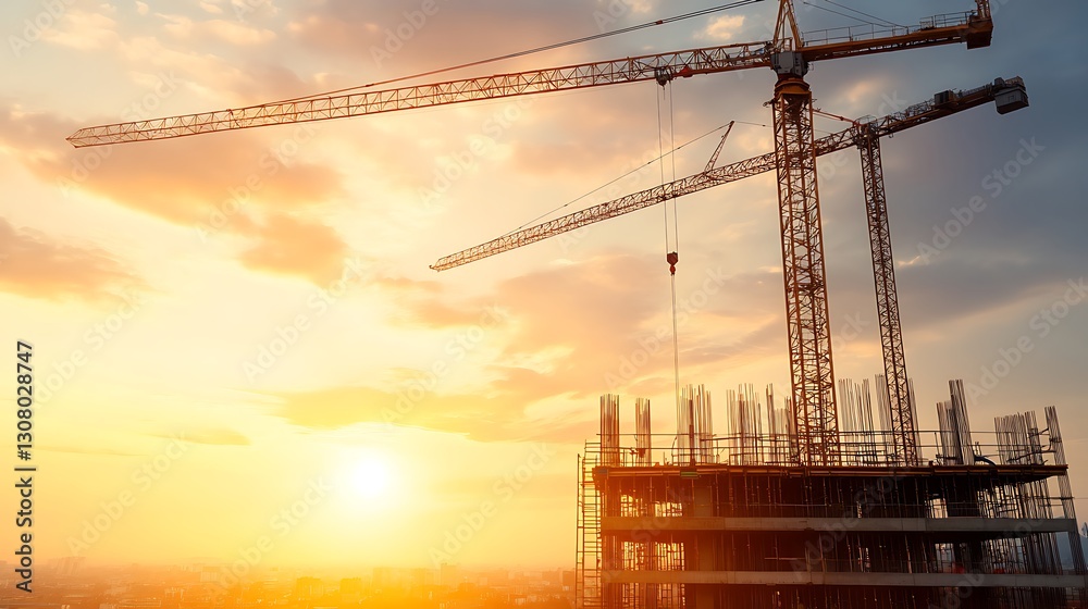 Aufkleber large-scale construction site featuring a steel framework in a dynamic urban environment.