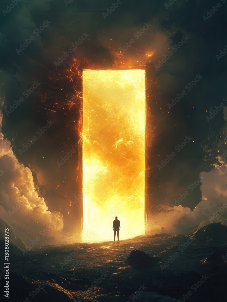 Poster person stands in awe before a gigantic glowing portal in a mystical landscape illuminated by vivid c