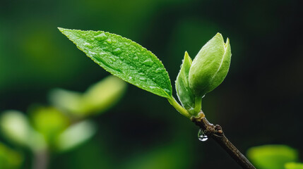 A drop of water falls on a green tree bud