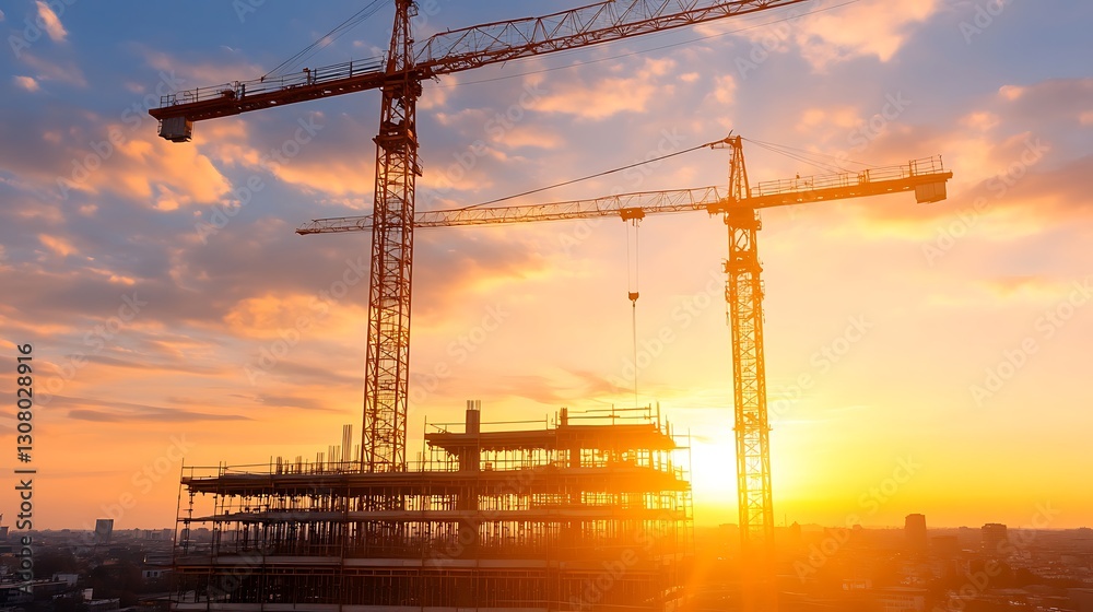 Poster a large-scale construction site featuring a steel framework, showcasing modern architecture and deve