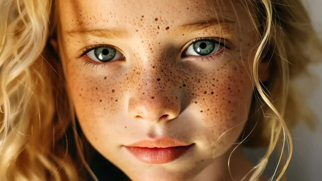portrait of a young happy child girl with loose hair, blue eyes and freckles, taken close up against a natural background. Generative 4k video