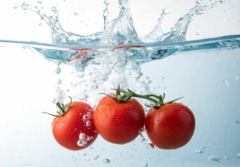 Fresh vegetables splashing into blue water, healthy food on white background