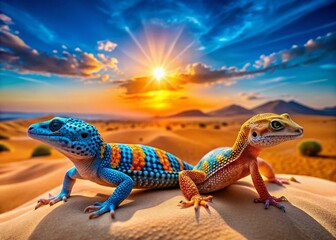 Obraz premium Blue & Orange Leopard Geckos on Desert Background - Reptile Stock Photo