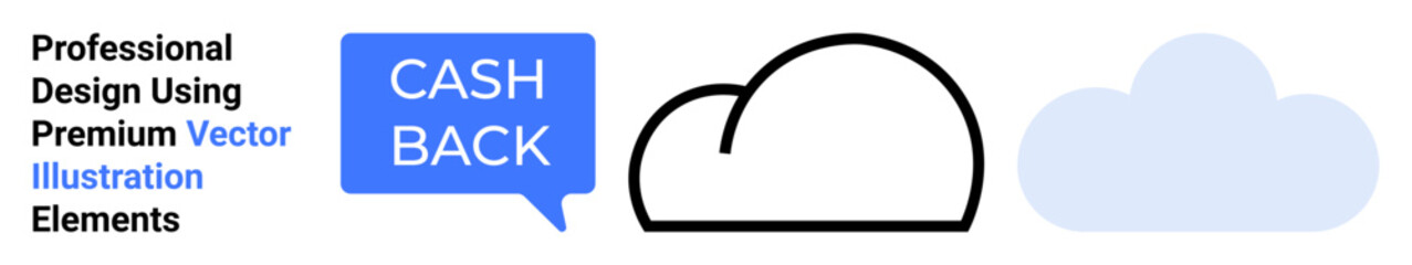 Speech bubble with Cash Back text in blue, black outline cloud, and a light blue cloud. Ideal for e-commerce, finance, savings, promotions, cloud computing, digital content flat landing page banner