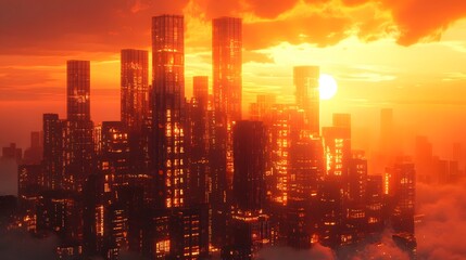 Fototapeta premium A digital painting depicting a futuristic city at sunset, towering skyscrapers illuminated by warm golden light of wonder and futuristic beauty. Money concept theme background.