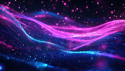 Vibrant Abstract Waves of Colorful Light with Glittering Particles in a Dreamy Landscape of Blue and Pink Hues for Backgrounds and Designs