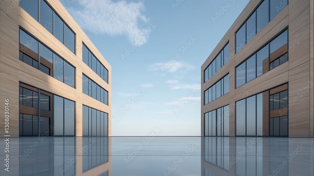 Poster futuristic office complex captured in a low-angle shot, showcasing modern architecture and design el