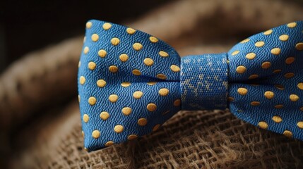 A blue bow tie with yellow polka dots is displayed