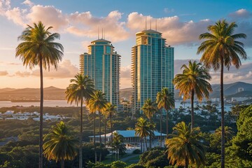 Fototapeta premium Stunning Gold Coast Skyscrapers and Palm Trees Amid Scenic Views