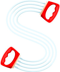 Cartoon letter S as an resistance band or expander with ergonomic handles and elastic cords. Vector sport font, typeface, funny type, kids English alphabet highlights fitness and strength training