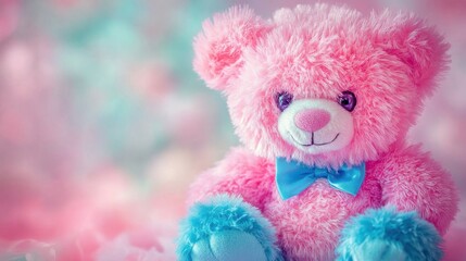 Fototapeta premium A pink plush teddy bear with a blue bowtie smiling nicely